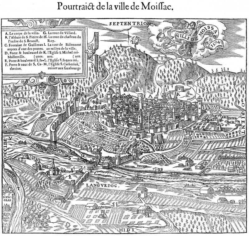 Figure 1. Le Pourtraict de la ville de Moissac dessiné en 1570, publié dans Münster et Belleforest 1575.