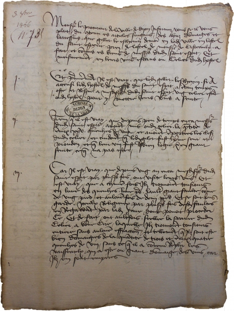 Premier feuillet de l’information judiciaire menée par Jacques Borestel, 3 octobre 1456 (ADCO, B II 360.6, pièce n° 735)