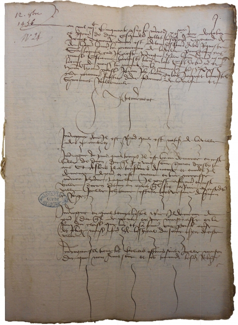 Premier feuillet du procès de Gillet l’Eschevin, 12 ocotbre 1456 (ADCO, B II 360.6, pièce n° 735