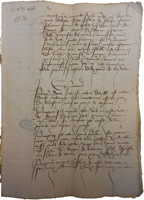 Premier feuillet du procès de Jehanne l’Eschevin, 12 octobre 1456 (ADCO, B II 360.6, pièce n°735