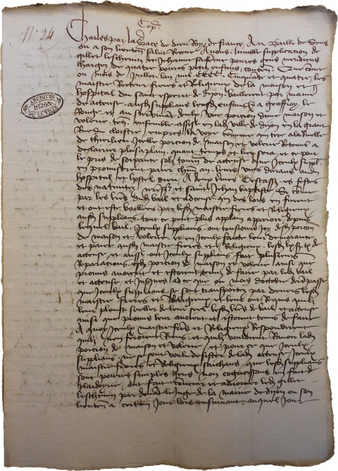 Premier feuillet du mandement accordé par Charles VII à Gillet et Jehanne l’Eschevin, 20 mai 1457 (ADCO, B II 360.6, pièce n° 735