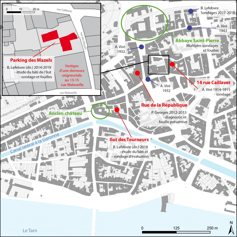 Figure 2. Carte des interventions archéologiques conduites dans l’agglomération de Moissac, et localisation de la fouille du parking de la rue des Mazels.