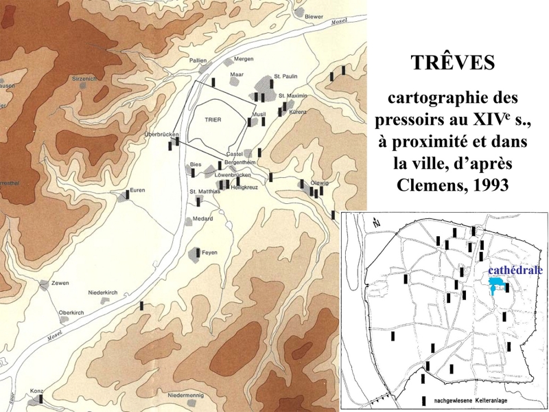 Fig. 1 : Trêves (Rhénanie-Palatinat) : cartographie des pressoirs (Kelter) au xive siècle, dans les domaines extérieurs et dans la ville.