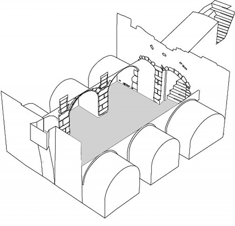 Fig. 10 : Orléans (Loiret) : cave des xiiie-xive siècles, 181 rue de Bourgogne ; longue nef centrale voûtée sur croisées d’ogives, avec caveaux latéraux.