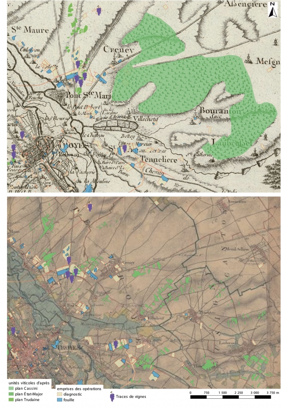 Figure 15 : Indications de plantations de vignes sur le secteur des villages de Creney-près-Troyes et Laubressel, sur fond de carte de Cassini (en haut, Troyes, n° 81, feuille 31, de 1758-1760) et sur la carte d&apos;État-Major (en bas, Troyes, feuille n° 82, 1820-1866).