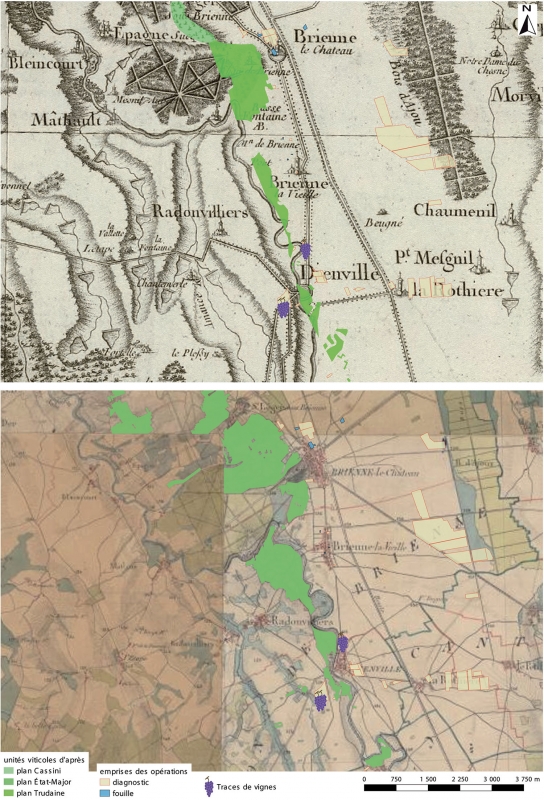 Figure 18 : indications de plantations de vignes sur le secteur des villages de Brienne-le-Château et Dienville, sur fond de carte de Cassini (en haut, Troyes, n° 81, feuille 31, de 1758-1760) et sur la carte d&apos;État-Major (en bas, Troyes, feuille n° 82, 1820-1866).