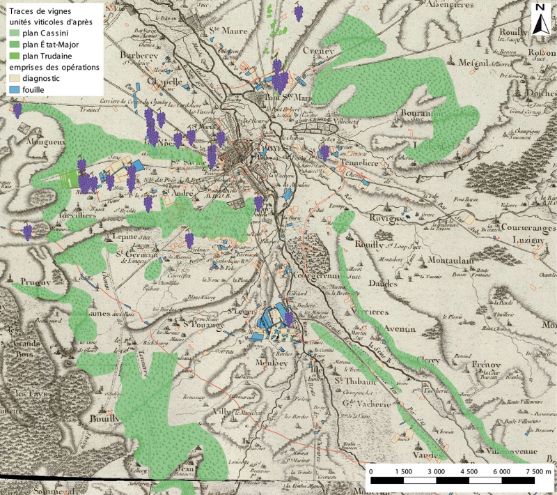 Figure 2 : pré-inventaire et localisation des opérations ayant livré des traces de vignes sur les terroirs de Troyes et de Dienville.