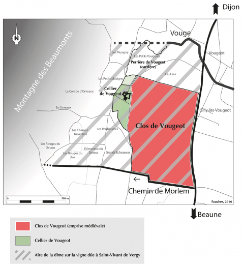 Figure 5 : Le clos de Vougeot et la dîme sur la vigne (en gris clair). Confrontation de la donation de Saint-Vivant de Vergy et du clos viticole (DAO : M. Foucher 2018).