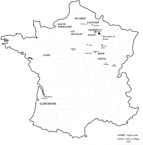 Figure 5 : Localisation des crus cités dans Le Gouvernement de Nicolas Abraham de la Framboisière (1600)