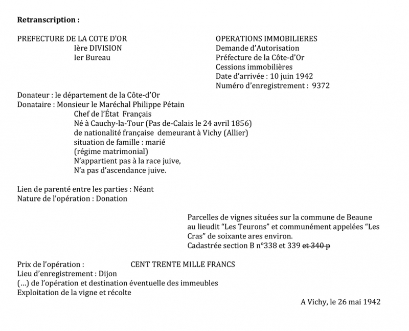   Annexe 1 : Donation de parcelles de vignes situées sur la commune de Beaune au lieudit « Les Teurons » et retranscription.