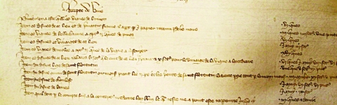 Figure  : Rouleau de compte pour la récolte 1366 dans le domaine de la maison archiépiscopale de Brienon-sur-l’Armançon. À la quatrième ligne, on lit : « Item es vignes de Bellechaume, a compté ij queues de pinoz » (Archives départementales de l’Yonne, G 472).