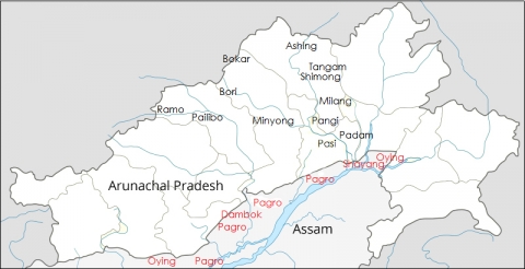 Figure 2: sketch map showing the approximate distribution of Adi and Mising ethnic subgroups respectively in Arunachal Pradesh and Assam