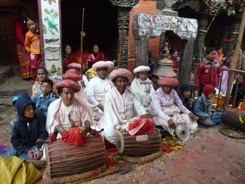 Fig 3. Jyāpu Musicians, members of the Jala pyākhã guthi (Harisiddhi), the guthi organisation in charge of the Jala religious dance in Harisiddhi Jyāpu village, Lalitpur district.