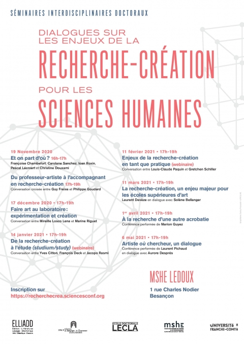 Affiche des séminaires interdisciplinaires doctaoraux «  Dialogues sur les enjeux de la recherche-création pour les sciences humaines » (novembre 2020-mai 2021, MSHE, Besançon)