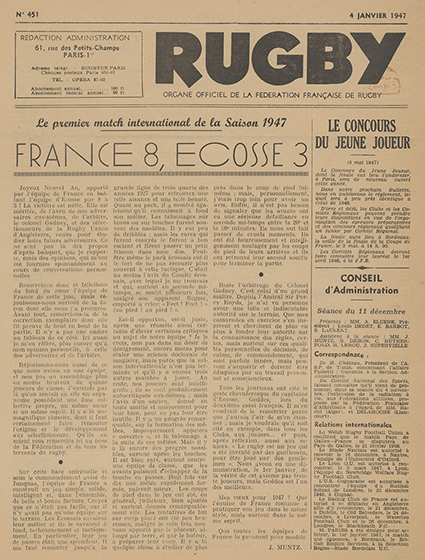 Figure n° 3 : Une de Rugby. Organe officiel de la Fédération française de rugby, 4 janvier 1947.