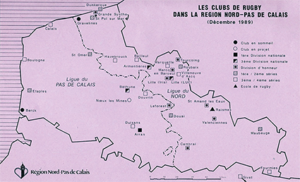 Figure n° 2 : Localisation des clubs de rugby dans le Nord-Pas-de-Calais en décembre 1989. 