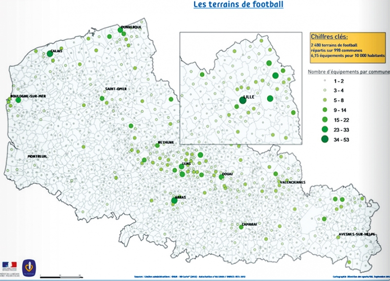 Figure n° 5 et 6 : Cartes des terrains de football et de rugby dans la région Nord-Pas-de-Calais (2012). 