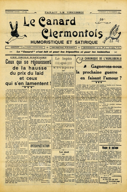 Figure n°2 : La une du Canard clermontois, hebdomadaire humoristique et satirique, consacrée à l’abbé Pistre le 26 novembre 1937.