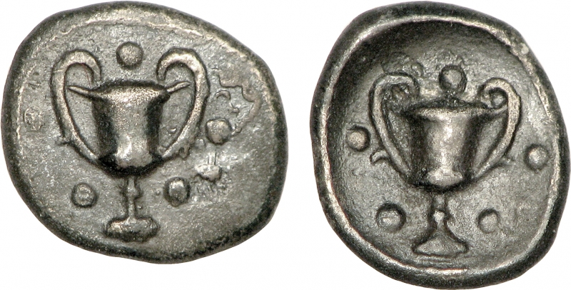 Figure n° 5 : Obole en argent représentant des canthares.