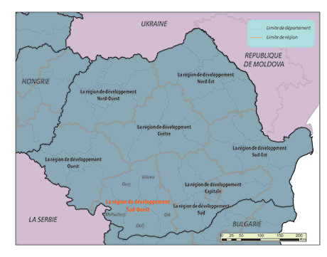 Carte 1. L’encadrement géographique de la région Sud-ouest (Olténie). (Carte de l’auteur)