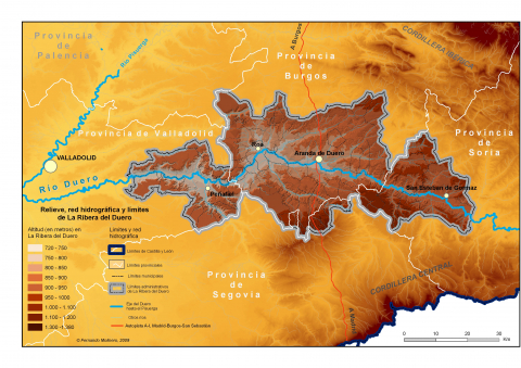 Figura 3. Relieve, red hidrográfica y límites de La Ribera del Duero
