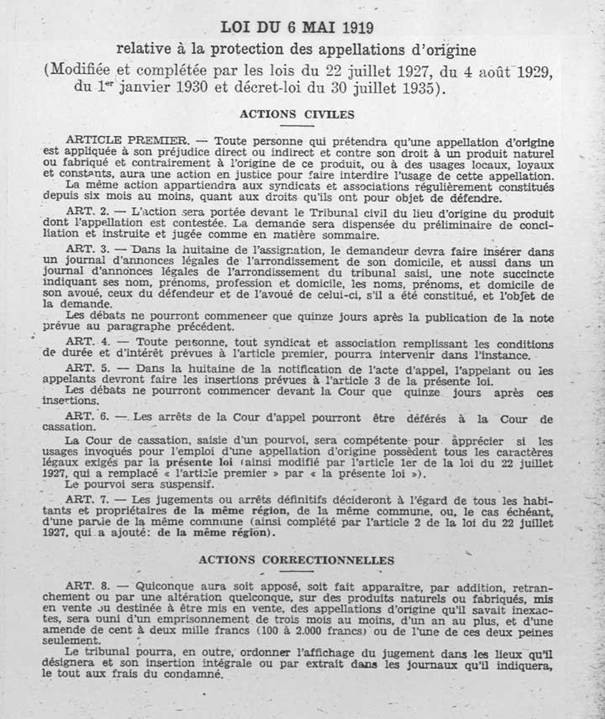 Lois du 6 mai 1919 sur les Appellations d’Origine