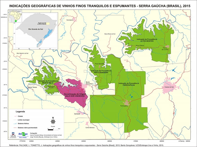 Mapa 1. Indicações geográficas de vinhos finos localizadas
            na região vitivinícola da Serra Gaúcha, no estado do Rio Grande do
            Sul.