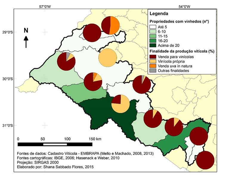 Mapa 2. Campanha (RS): área dos vinhedos e perfil das variedades (2012). 