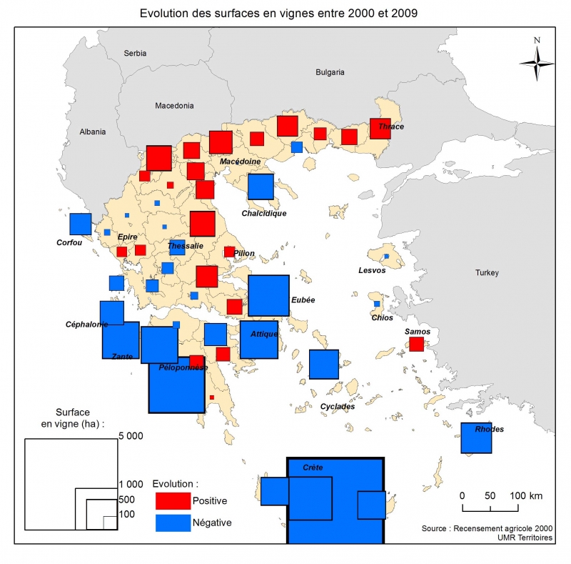 Carte 3 - Évolution des surfaces en vignes en Thessalie (2011-2014)