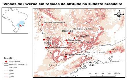 Figure 2. Carte de la région sud-est du Brésil et des municipalités productrices de vin d&apos;hiver.
