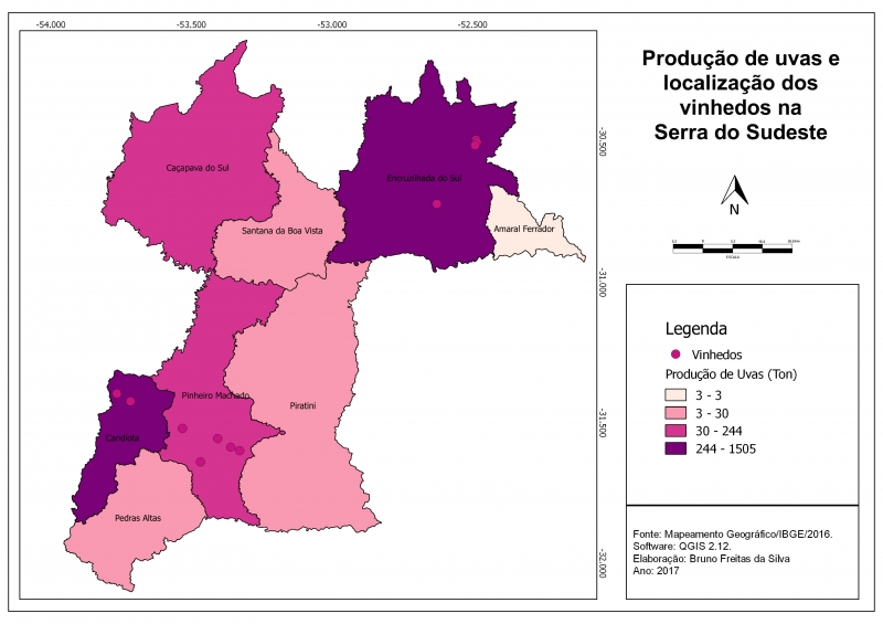 Figure 2. Production de raisin, en tonnes, et localisation des vignobles dans la Serra do Sudeste.