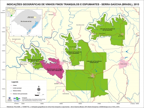Carte 1. Indications géographiques des vins fins situés dans la région vitivinicole de la Serra Gaúcha, dans l’État du Rio Grande do Sul.