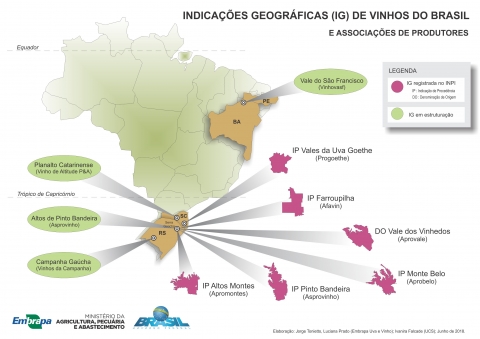Carte 2. Localisation des indications géographiques des vins enregistrés ou en cours de structuration dans les différents États du Brésil.