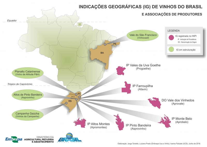 Carte 2. Localisation des indications géographiques des vins enregistrés ou en cours de structuration dans les différents États du Brésil. 