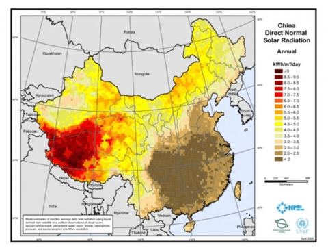 Figure 2: Map of China Direct Normal Solar Radiation.