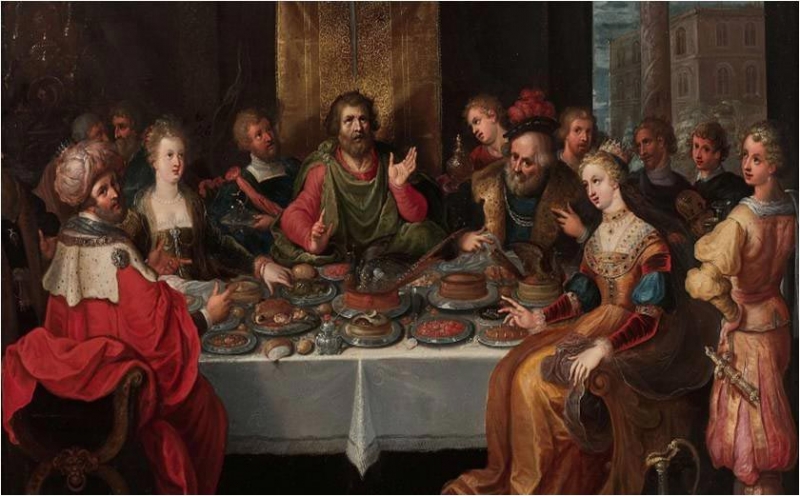 Figure 1 : Un banquet flamand au début du XVIIe siècle avec de multiples mets présentés ensemble sur la table. 