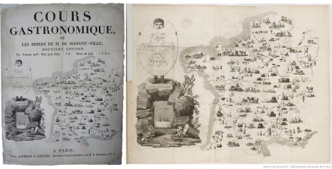 Illustrations 1 et 2. Frontispice et carte du tract publicitaire de la 2e édition du Cours gastronomique de Charles-Louis Cadet de Gassicourt - 1809