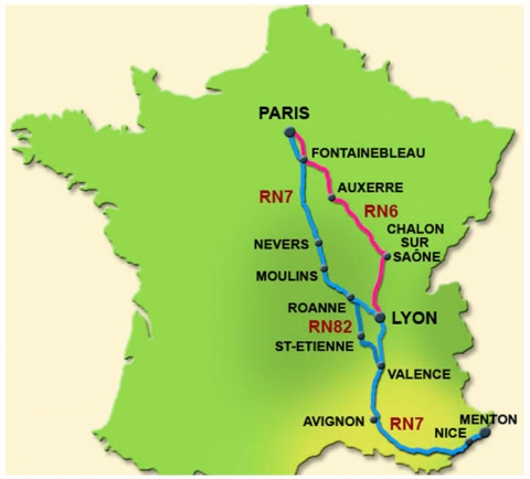 Illustration 1. Carte de France, RN7 et RN6