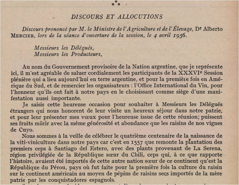 Illustration 6 : extrait d’un des nombreux discours prononcés à l’occasion de la 36e session plénière du Comité de l’OIV du 4 au 9 avril 1956 à Mendoza.