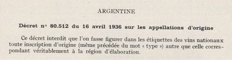 Illustration 8 : décret Argentin n° 80.512 du 16 avril 1936 sur les appellations d’origine.