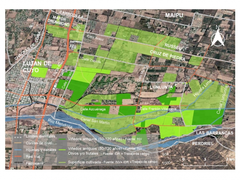 Fig. 9. Plano Lunlunta con identificación de los Paisaje de Interés Cultural PIC (conformados por fincas con viñedos, olivos y/o frutales antiguos).