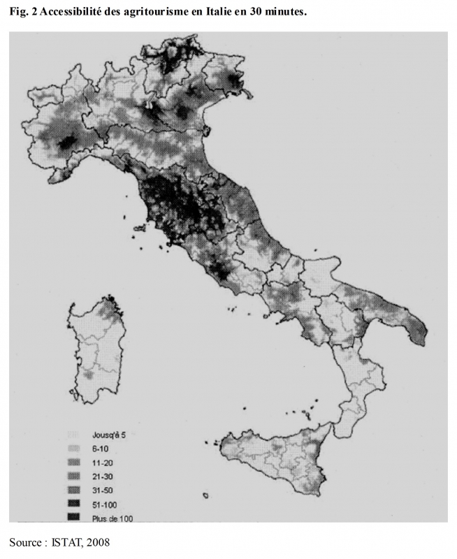 Fig. 2 Accessibilité des fermes en agritourisme en Italie en 30 minutes. 