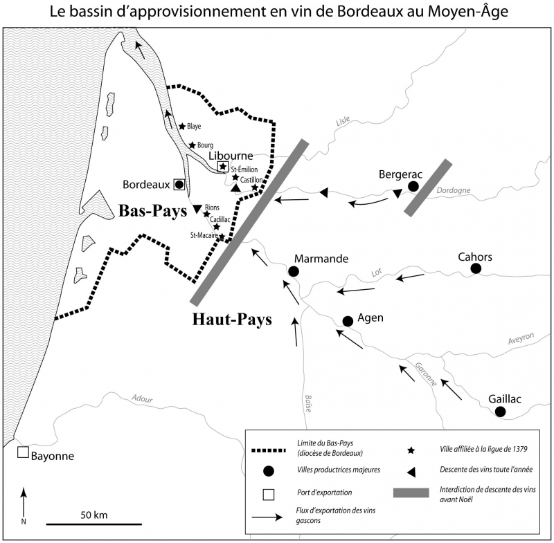 Carte n°2 : Le bassin d’approvisionnement de Bordeaux en vin au Moyen Âge (S. Lavaud)