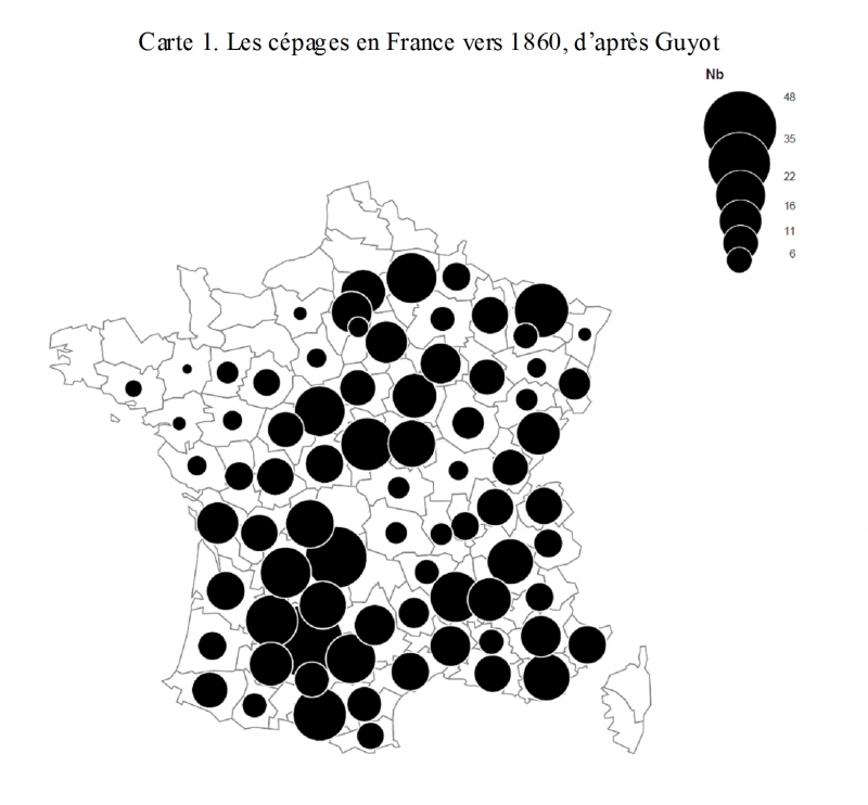 Carte 1. Les cépages en France vers 1860, d’après Guyot