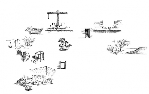 Figure n°4 : Relevé des Tartres du 31 octobre 2015. Composition de dessins à partir d’un parcours sur les lieux.