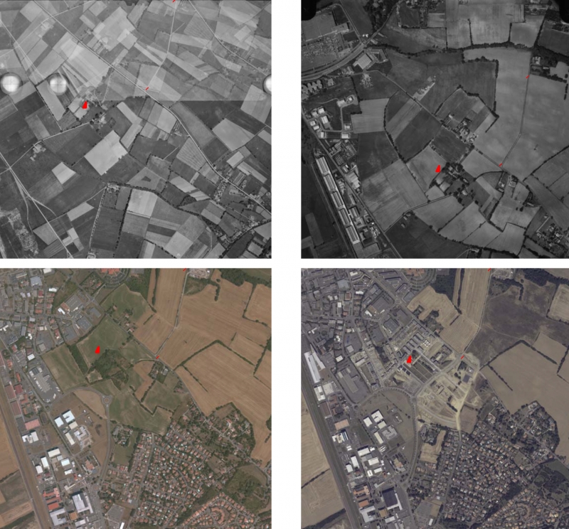 Figure 4 : Photos aériennes, source Remonter le temps, IGN, 1950, 1976, 2006, 2013 (point rouge à proximité de l’ancienne ferme de Vidailhan). 