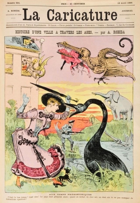 Figure 1. Albert Robida, « Une ville à travers les âges – les temps préhistoriques », La Caricature, 12 avril 1884.