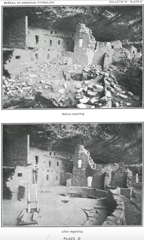 Figure 11. Jesse Nusbaum, “Before Repairing” and “After Repairing” (Plaza D, Spruce-Tree House), in Jesse Walter Fewkes, Antiquities of the Mesa Verde National Park (1909).