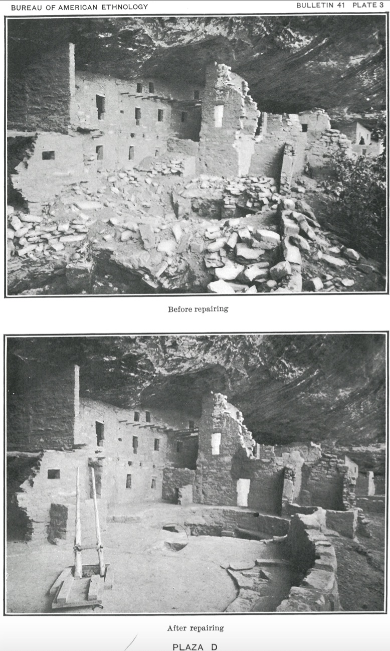 Figure 11. Jesse Nusbaum, “Before Repairing” and “After Repairing” (Plaza D, Spruce-Tree House), in Jesse Walter Fewkes, Antiquities of the Mesa Verde National Park (1909). 