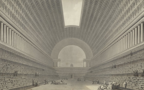 Figure 1. Étienne-Louis Boullée, Perspective view of the Bibliothèque du Roi reading room, ink and grey wash, before 1785, Paris.